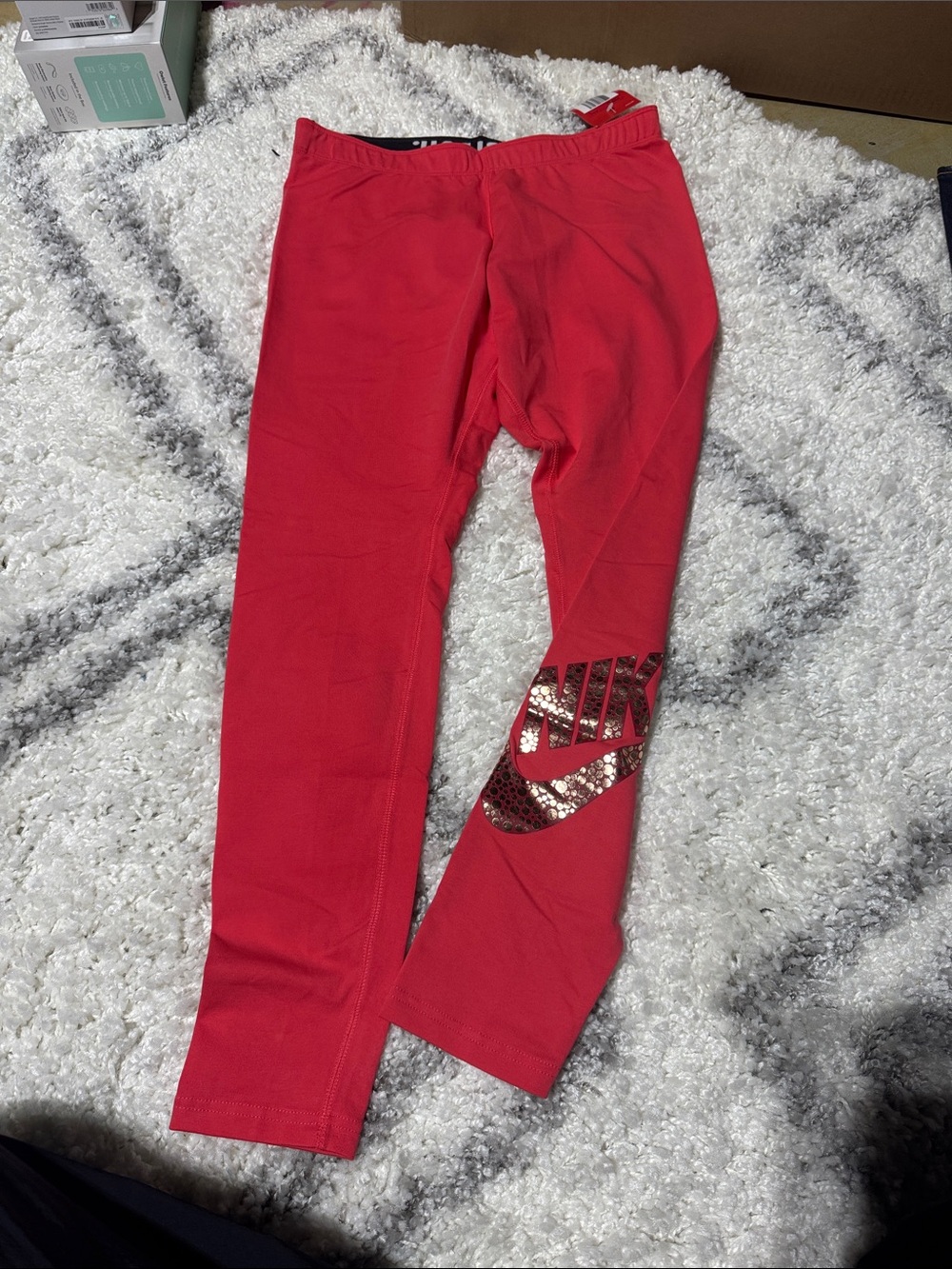 Nike Red Leggings with rose gold  Swoosh Accent 916590-850 large nwt